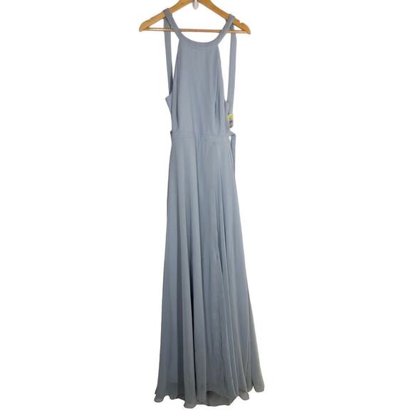 Dessy Collection Bridesmaid Dress Maxi Open Back High Neck Slit Blue NWT 4 - Picture 2 of 9